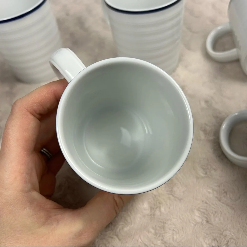 Crate & Barrel Roulette Blue Coffee Mug Set of 6 White Spal Porcelain Portugal